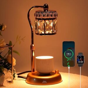 Candle Warmer Lamp with Timer, Dimmable, USB & Type-C Output Candle Warming Lamps Height Adjustable for All Size Scented Candles, Electric Wax Melt Warmers, 2 Bulbs Included (Crown Crystal, Gold)